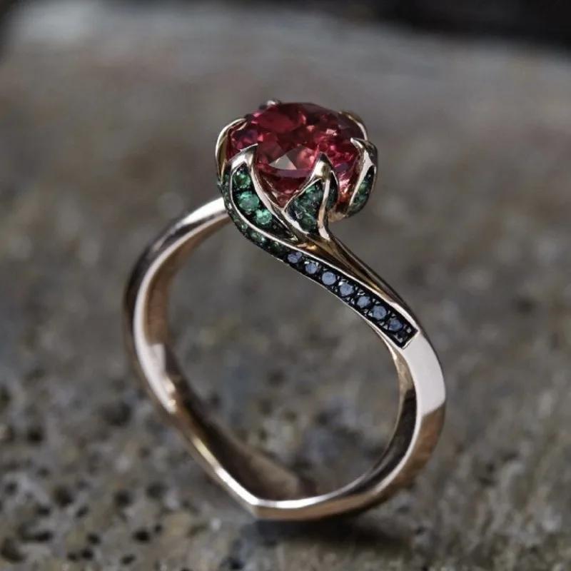 

New inlaid red zircon ring, creative European and American rose-shaped women s jewelry 8