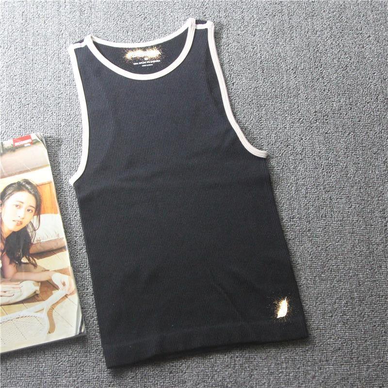 Haowei Sleeveless Ribbed Women s Tight Stretch Breathable Vest Black with Light Pink Trim XL