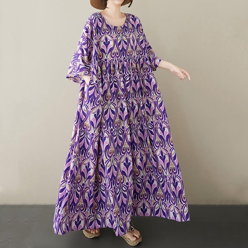 Short Sleeve Plus Size Cotton Vintage Floral New In Dresses for Women Casual Loose Long Summer Dress