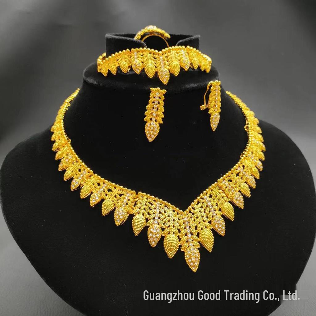 24K Gold-Plated Bridal Jewelry Set: Necklace, Earrings, Ring & Bracelet for Middle Eastern, Indian, and Nigerian Weddings.