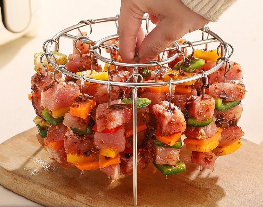 1pcs Vertical Stainless Steel Air Fryer Grill Rack Round BBQ Grill for Home Oven Kitchen Skewers Foldable Design