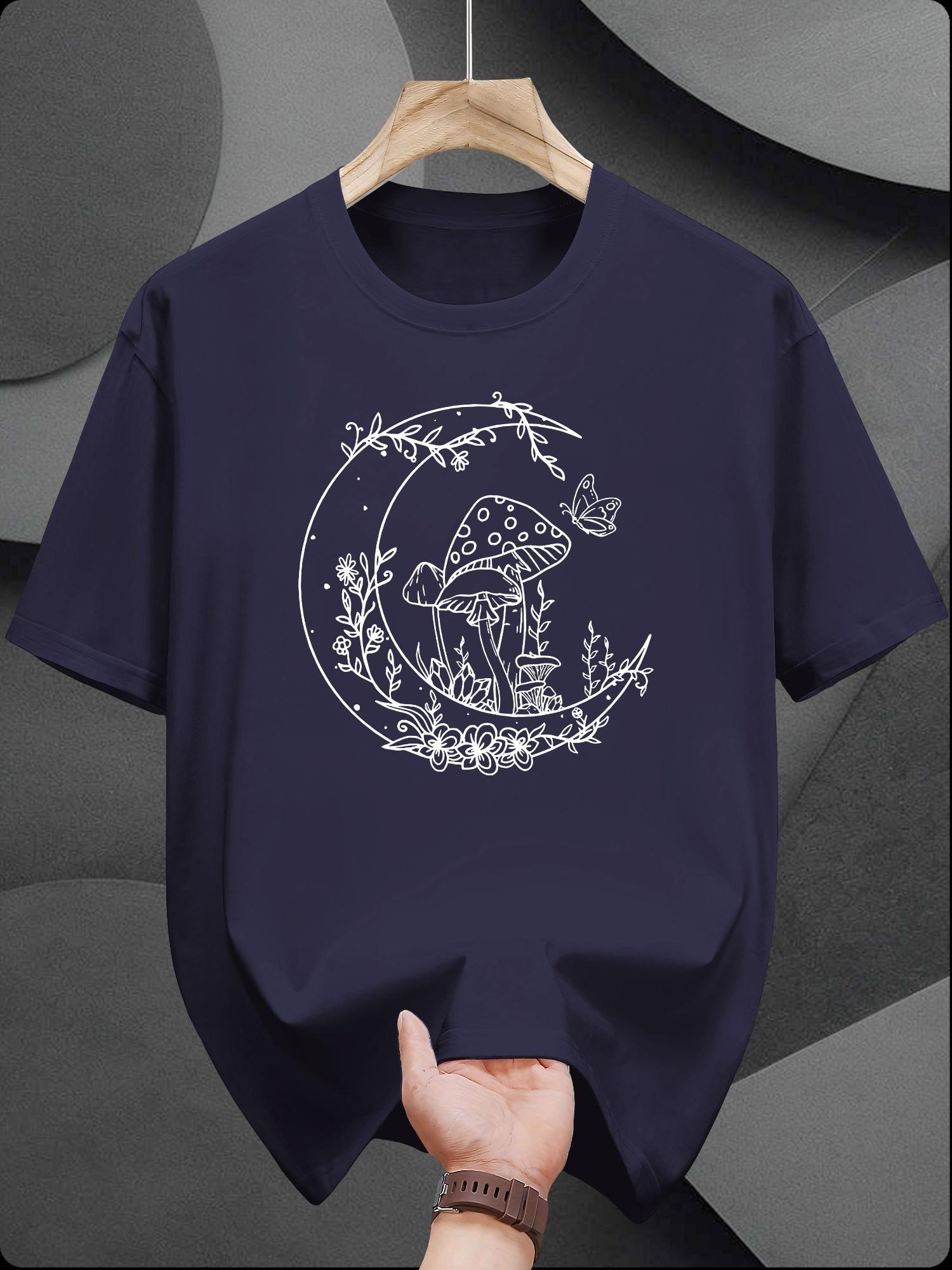 Casual Short Sleeve T-shirt - Crew Neck Tee with Whimsical Mushroom & Butterfly Print XXXL