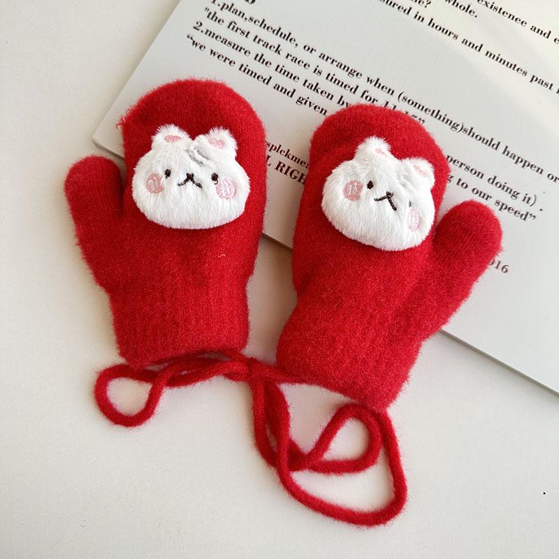 Neue Herbst- und Winter-Fingerhandschuhe für Kinder, Koreanische Version, Cartoon-Babyhandschuhe, Verdickt und Samt, Warm, Mit Nackenband, Fäustlinge