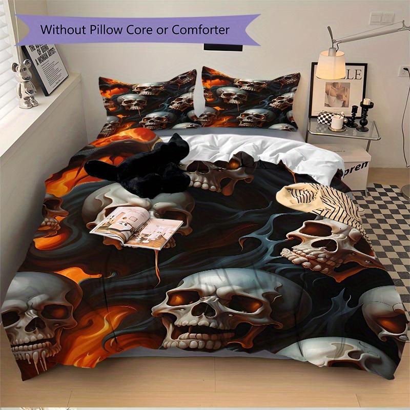 3pcs Skulls Flames Bedding Cover Set, Fashion Classic Popular Print Bedding Set, Soft Comfortable, All Season Use, For Bedroom, Guest Room (