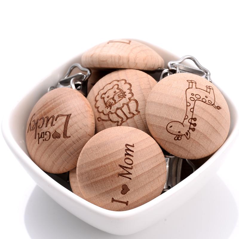 5Pcs 30mm Beech Pacifier Clip Wooden Animal Letter Pattern Pacifier Metal Clips Holder Pacifier Wooden Baby Teether Accessories