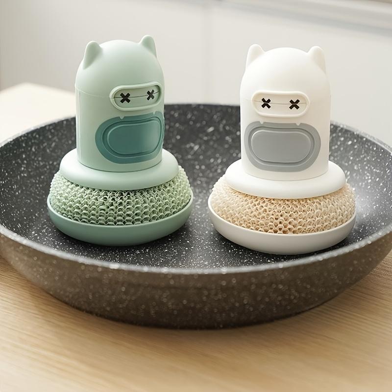1 Stück Süße Cartoon Automatische Flüssigkeitsabgabe Küchenbürste, Drucktyp Kunststofftopfschrubber mit Weichen Borsten, Ausziehbarer Griff, Fleckenentfernung