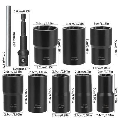 Bolzenausdreher-Set, 10-teiliges Steckschlüssel-Set zum Entfernen von Radmuttern, 12-Zoll-Antriebsbolzenmutter-Ausdreher-Set,