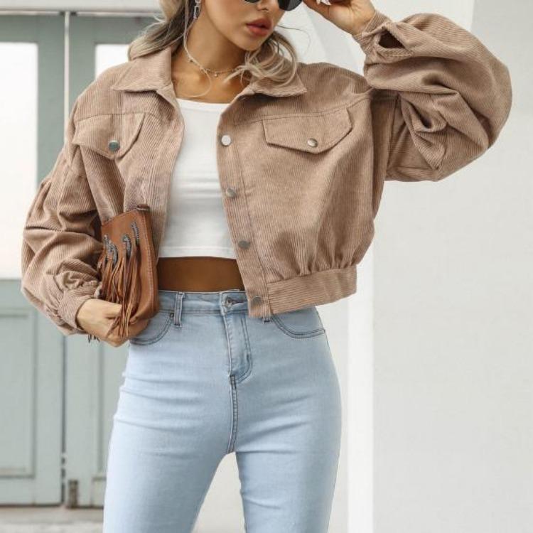 Giacca Corta in Velluto a Coste Vintage Autunnale da Donna Cappotto Monocolore Revers Manica a Lanterna Monopetto Capospalla