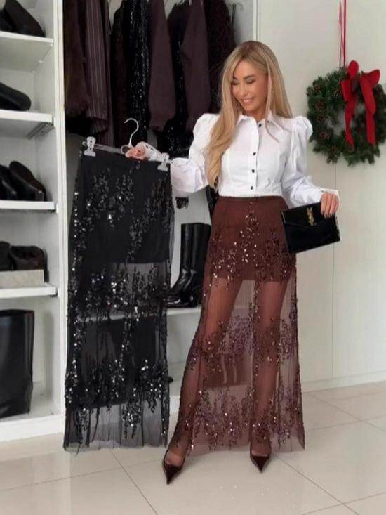 2025 Elegant Red Sequin Mesh Long Skirt - Slimming, Hip-Hugging Style