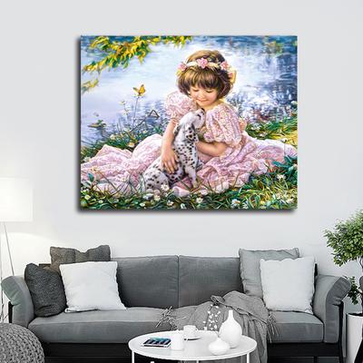 Kit de Punto de Cruz Bordado de Diamantes DIY Niña y Perro Pintura de Diamantes Redonda Completa Mosaico Decoración del Hogar