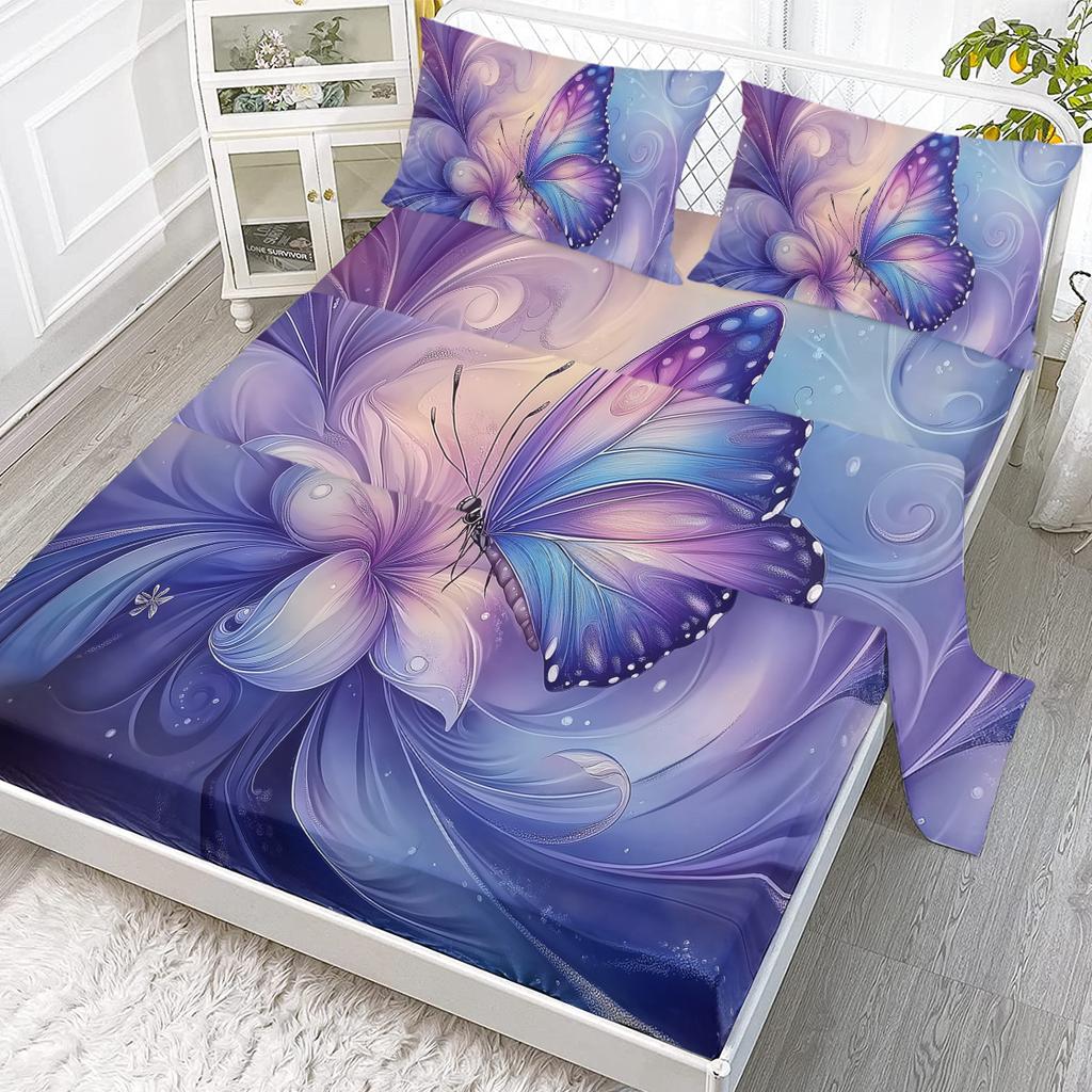 Butterfly Flowery 4 Piece Bed Sheet Set, Including 1 Flat Bed Sheet, 1 Super King Size Bed Sheet, 2 Pillow Cases (Animal, Home)