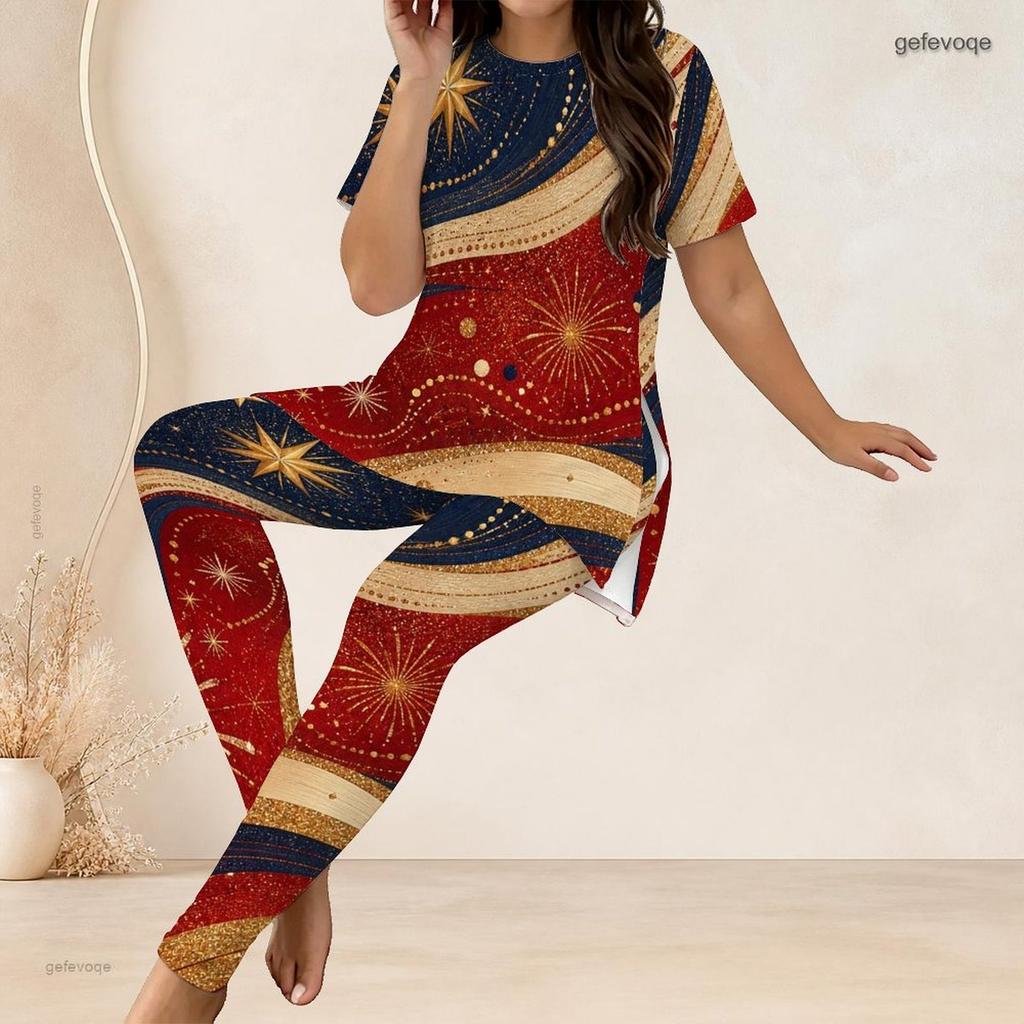 Women Plus Size Two Piece Set Round Neck Short Sleeve Star Stripe Printed Long Top Fitted Pants