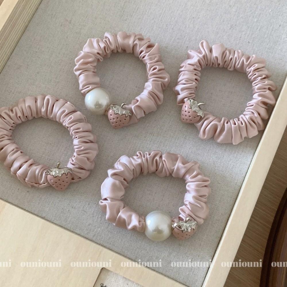 Cute Strawberry Mousse Powder Hair Tie Small Intestine Satin Pleated Hair Band High Elastic Comfortable Hair Accessories Woman