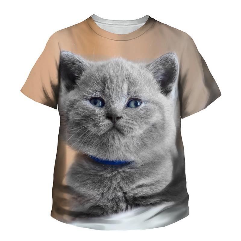 Summer Round Neck 3D Printed Cute Cat Pattern Top Fashionable Casual Short Sleeved Children's Boy and Girl Kids Unisex T-shirts