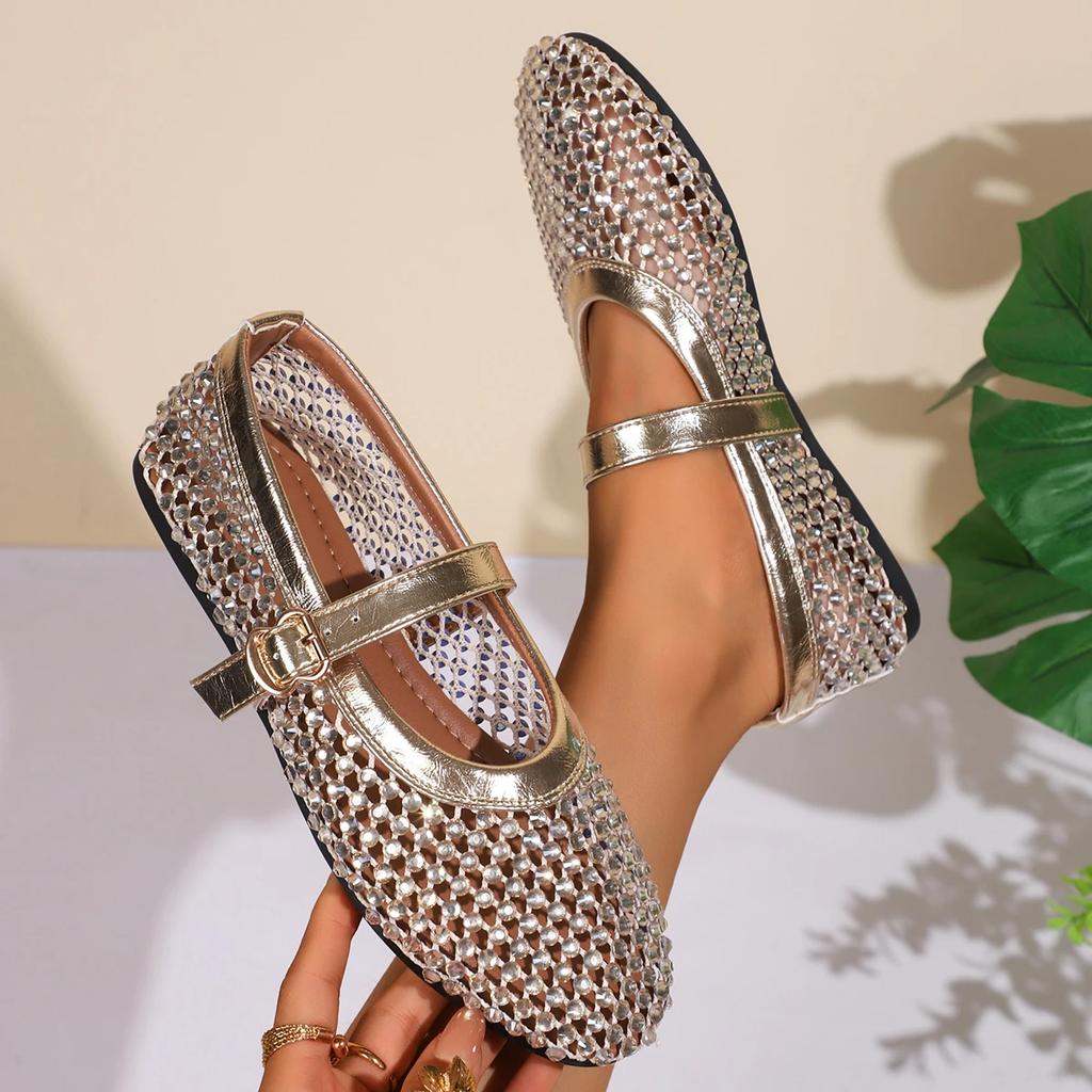 Fashion 2025 New Women Sandals Designer Mesh Mary Jane Shoes Ladies Luxury Crystal Rhinestone Fishnet Flat Shoes Women Plus Size Loafers