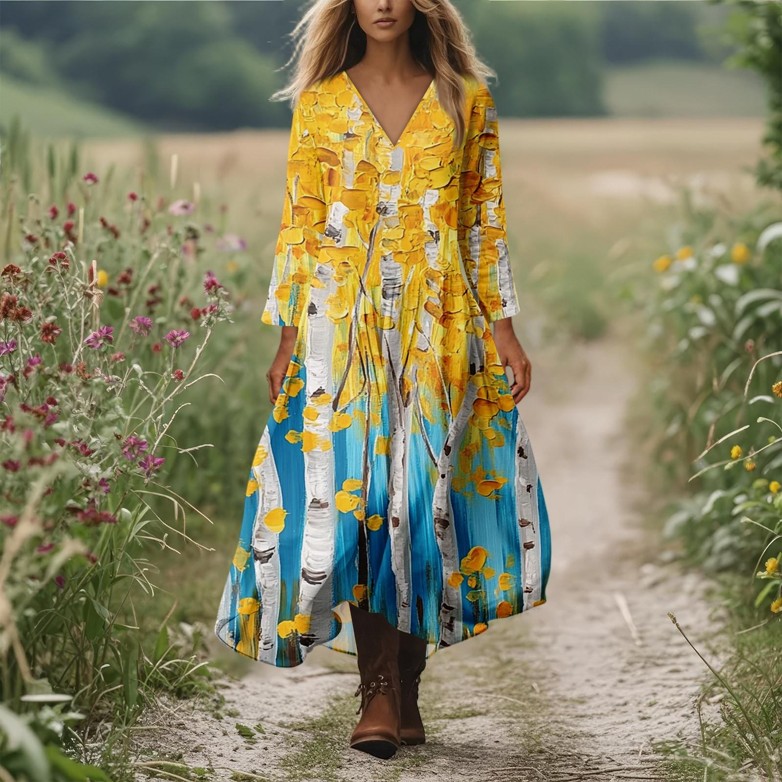 

Женское повседневное и модное платье с круглым вырезом и длинными рукавами средней длины XL жёлтый