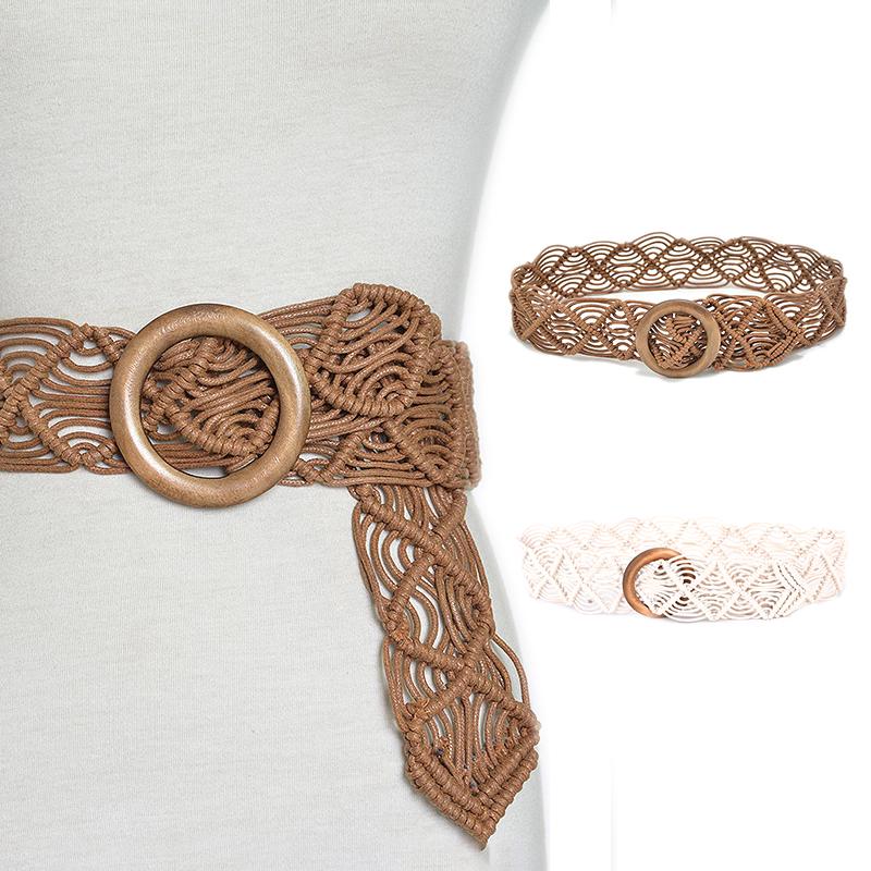 Vintage Breite Böhmische Gürtel Für Frauen Runde Holz Schnalle Geflochtenes Seil Gürtel Weiblich Lässig Häkeln Boho Kleid Taillenband