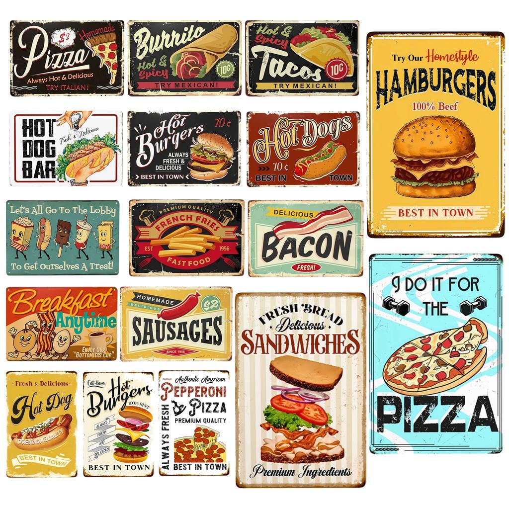 1pc Sandwiches Dlicious Burgers Pizza Hot Dog Fast Food Metal Signs, Retro Wall Decor for Home Kitchen Restaurant Bar 12x8 Inch