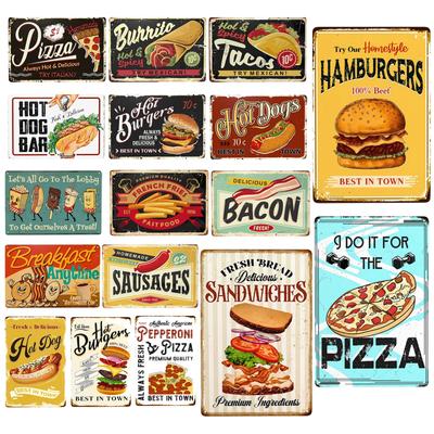1pc Sandwiches Dlicious Burgers Pizza Hot Dog Fast Food Metal Signs, Retro Wall Decor for Home Kitchen Restaurant Bar 12x8 Inch