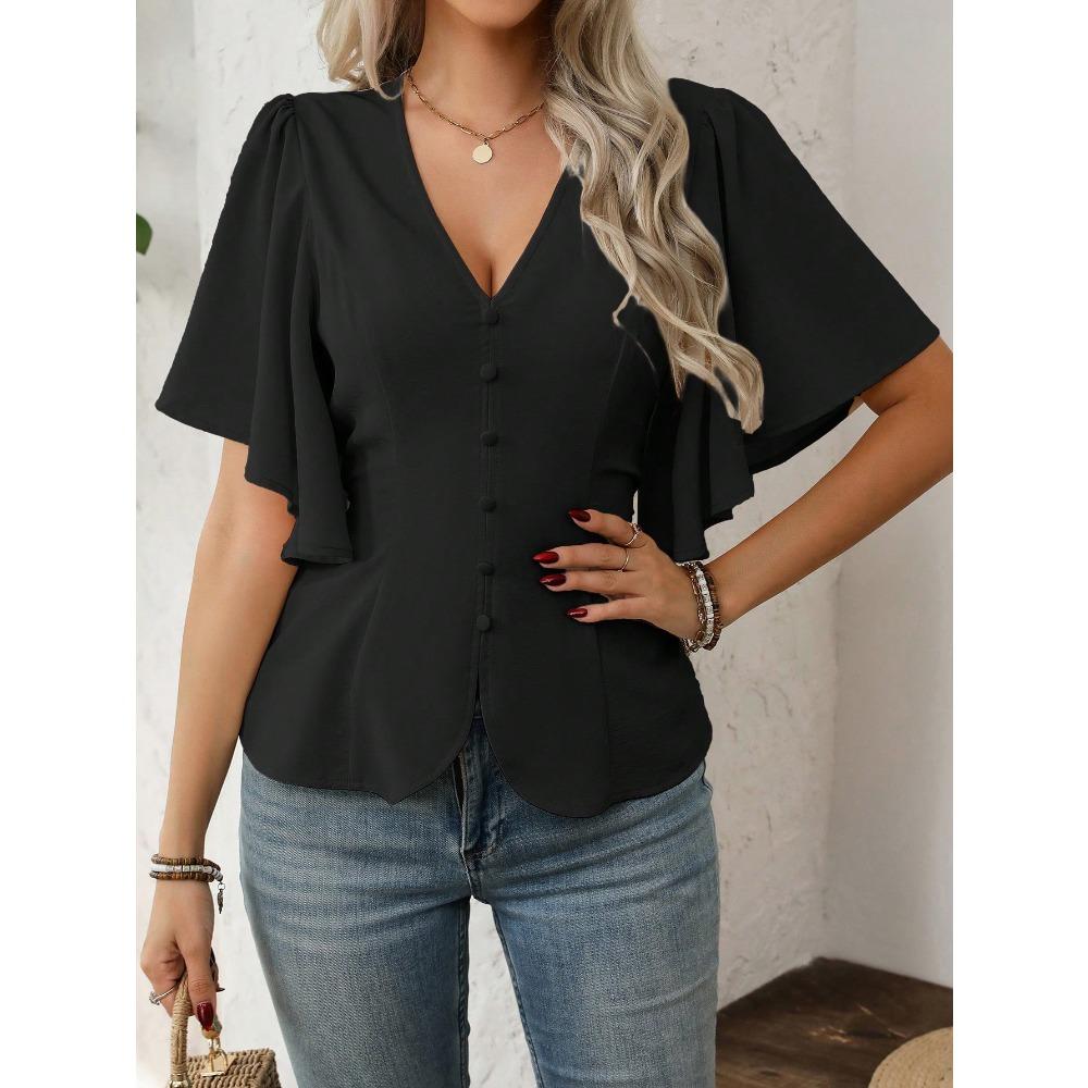 Fashionable and Elegant Deep V-neck Solid-color Single-button Belted Ladies' Short-sleeved Top