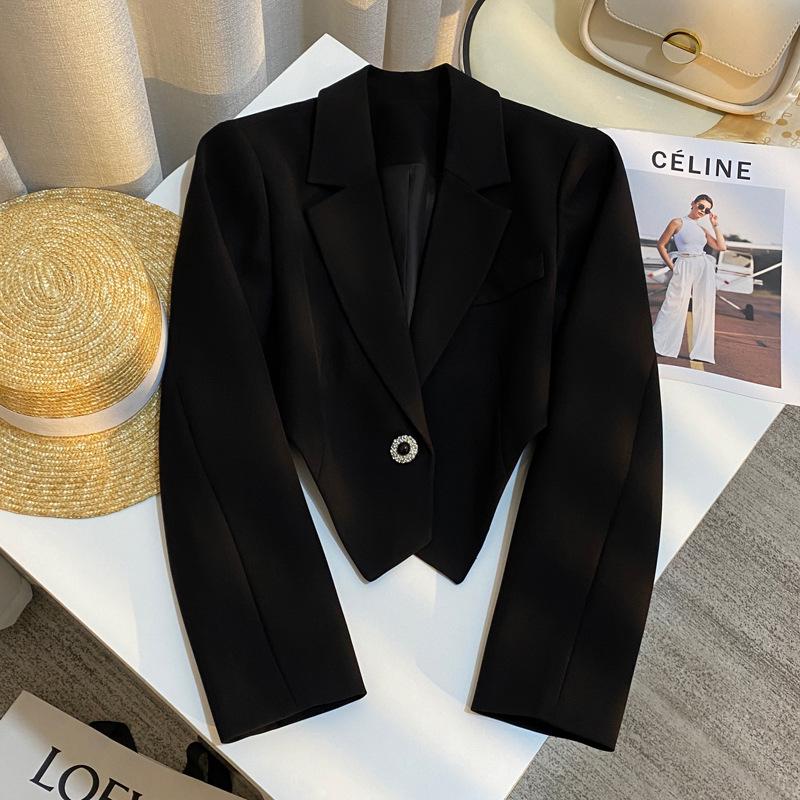 Women's Black Petite Blazer: 2025 Spring Short Padded Shoulder Design