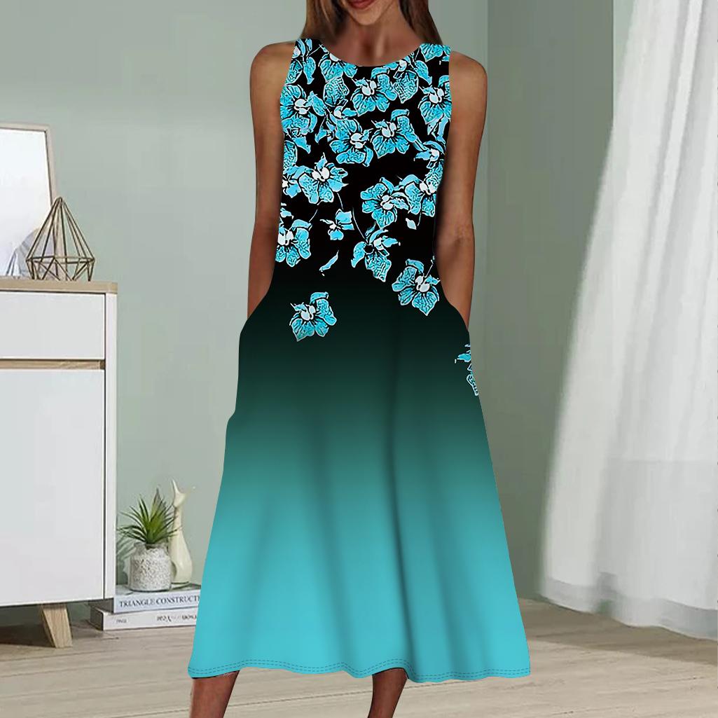

Літня модна сексуальна сукня без рукавів, м’яка повсякденна 3D-сукня з великим синім квітковим принтом, сукня-слінг без рукавів 8XL світло-синій колір