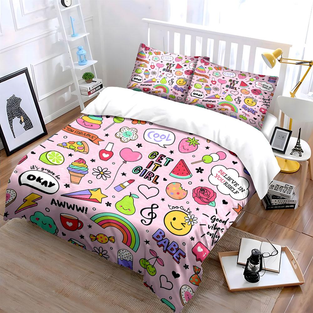 Fun Pink Doodles Pattern Bedding Duvet Cover Set (1*Duvet Cover 2*Pillowcases, Without Duvet Insert)