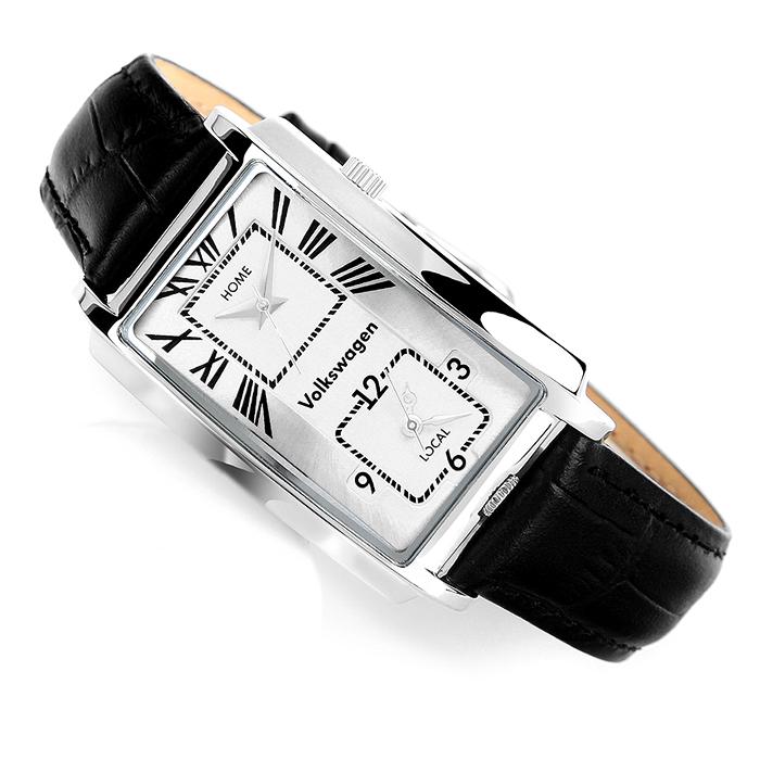 Pogseubagenwachi Retro Quadratische Dualzeit Leder Armbanduhr Vw1421V-Sv