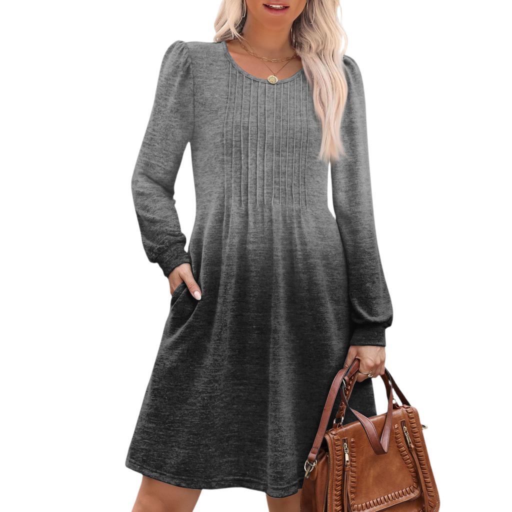 Women's Long Sleeve Pleated Round Neck Gradient Printed Casual Dress With Pockets