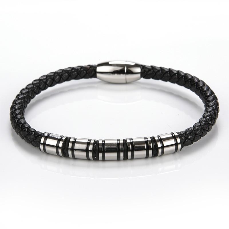 Stainless Steel Braided Leather Bracelet Men Magnetic Clasp Geometric Design Titanium Unisex Wristband