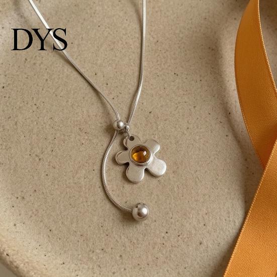 Adjustable Snake Bone Chain Flower Pendant Lariat Necklace, Long Drop, Floral Necklace for Women Sliding Pendant, Retro Sweater Layering