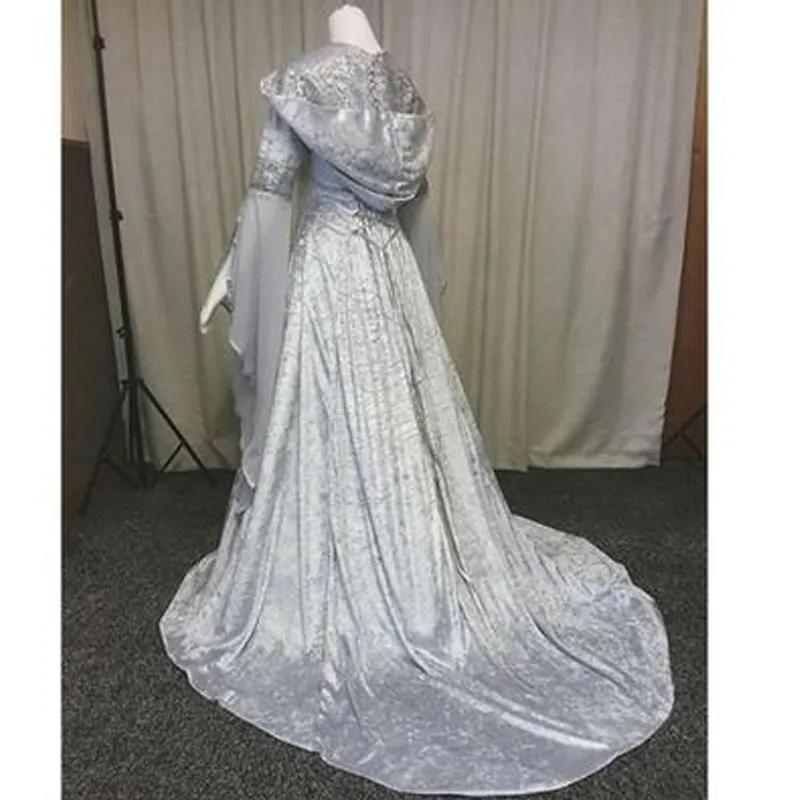 Women Deluxe Witch Dress Medieval Renaissance Maxi Train Dress Halloween Devil Pagan Witch Wedding Cos Costume Hooded Gown Robe