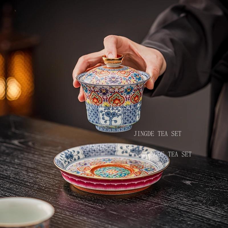 Enamel Colored Sancai Covered Bowl High End Ceramic Kung Fu Tea Set for Household Use Tea Bowl Palace Style Tea Set Accessories