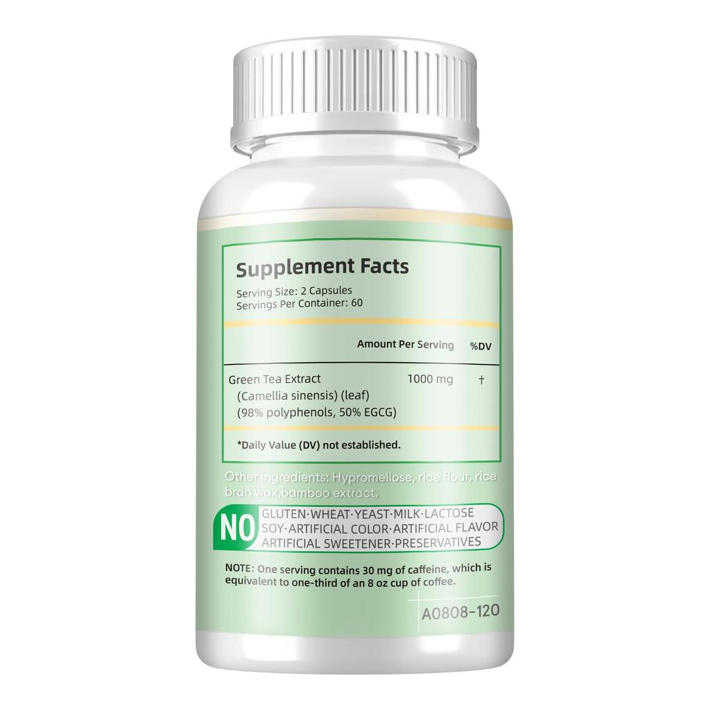 Green tea extract capsules, 1000 mg, containing EGCG and polyphenols, antioxidant, suitable for both men and women.