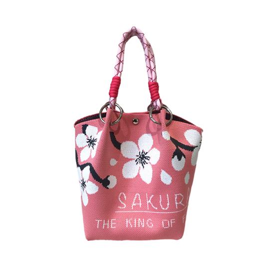 Girls Knitted Handbag Butterfly Flower Bucket Bag Casual Wrist Bag Knitted Purse for Shopping Beach Travel Daily Outings