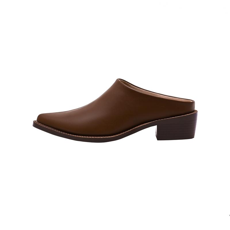 Fashion Kaky's New Pointed Cow Tied Leather Thick Heel Medium Heel Large Women's Slippers, Wrapped Half Slippers, Muller Shoes