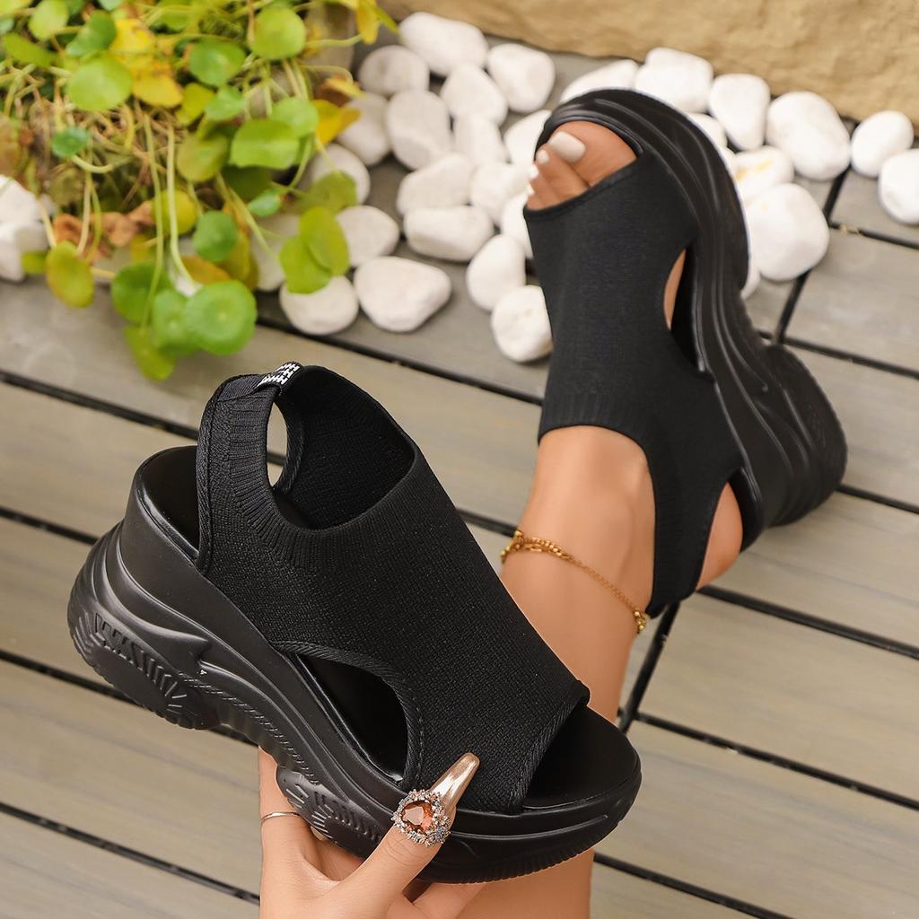 Summer New Knitted Shoes Fairy Fish-mouth Wind Cake Sole High Heel Flying Weave Slope Heel Thick Sole Sports Women's Sandal
