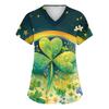 Ladies' St. Patrick Print Fashionable V-neck Pocket Short Sleeved  Uniform And Caregiver Top