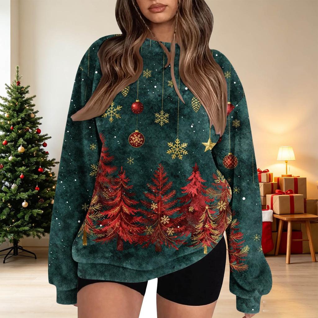 Women's Fashion Flannel Round Neck Printed Long Sleeve Top