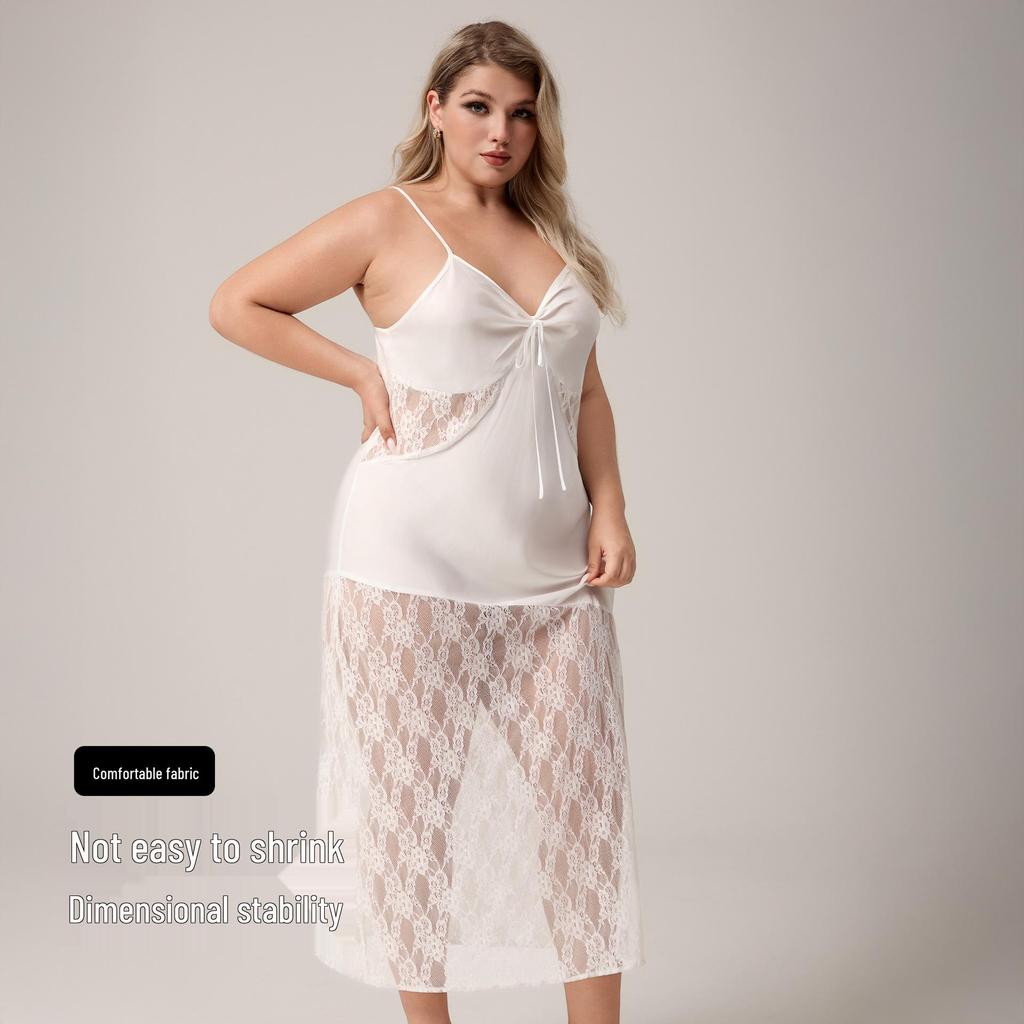 Yaoting Plus Size Lace Patchwork Ice Silk Camisole Nightgown