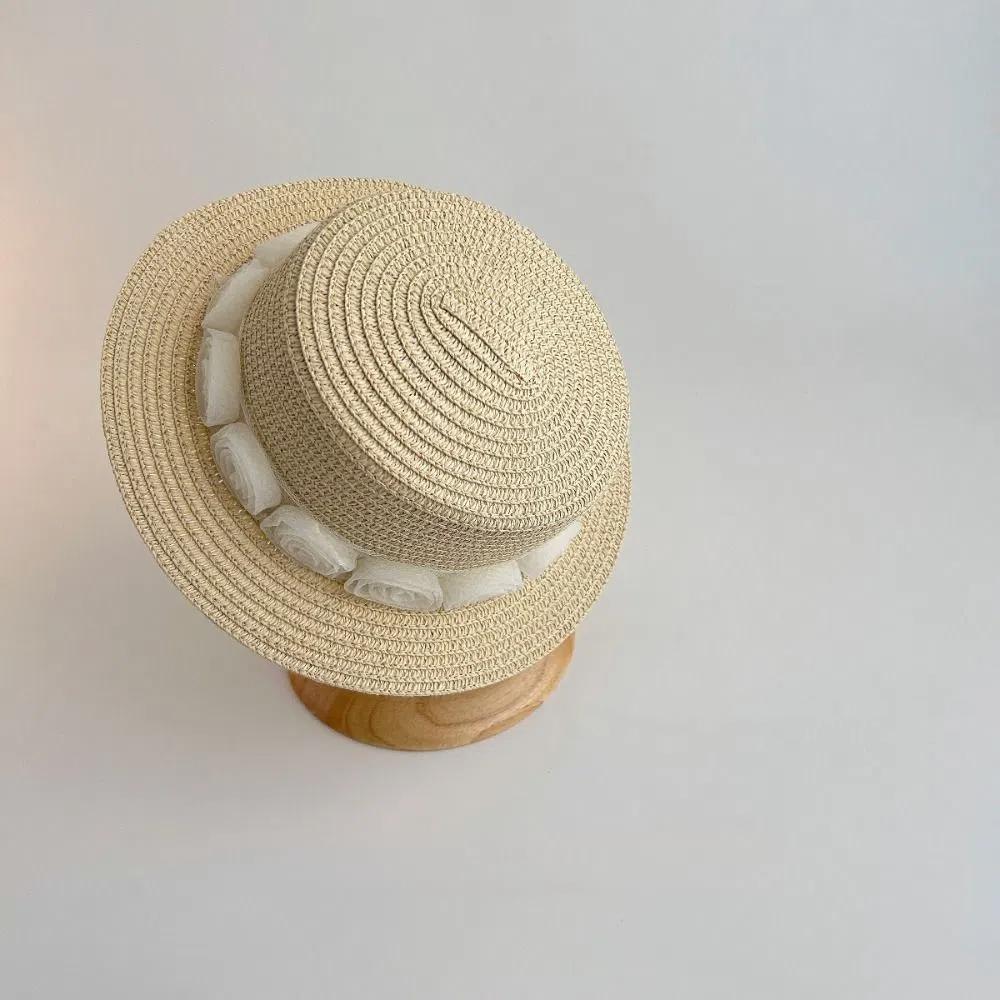 French Baby Straw Caps Beach Children Sun Hat New Flower Lace Straw Hat  for Girls