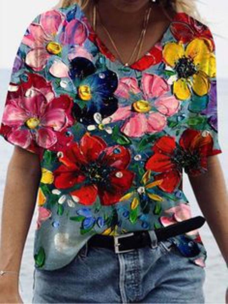 women fashion v neck short sleeve floral 3d print t shirt summer comfortable sportwear tops