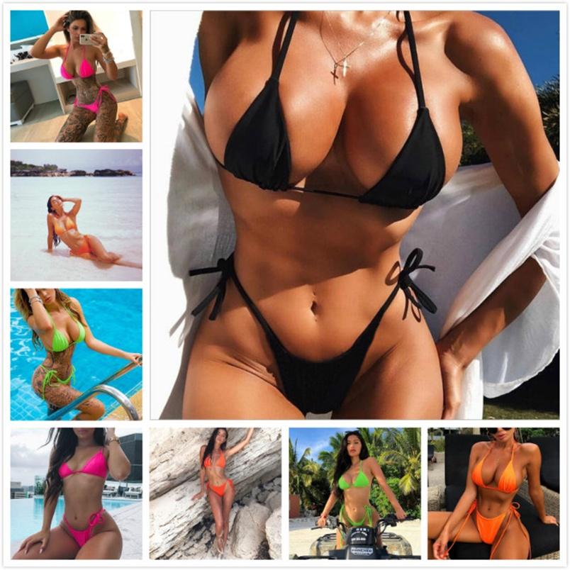Summer Women Girls Bikini Set Swimwear Pushup Bandage Beachwear Solid Swimsuit