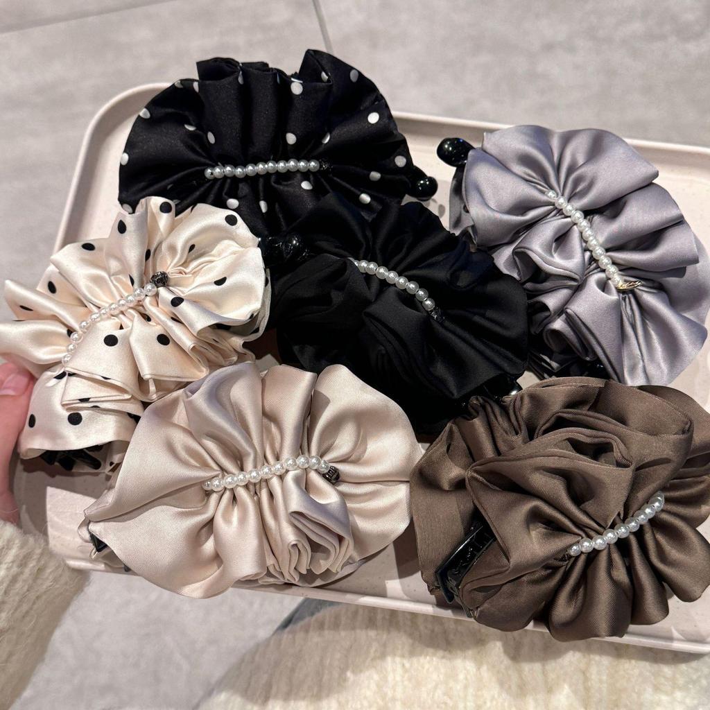 Korean Satin Pearl Pleated Banana Clip - Versatile Large Hair Claw for Elegant Hairstyles.