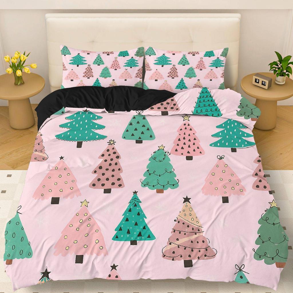 3Pcs Christmas Tree & Star Duvet Cover Set - Pink Green Polka Dot Bedding With Zipper Closure Soft Polyester All-Season Bedding