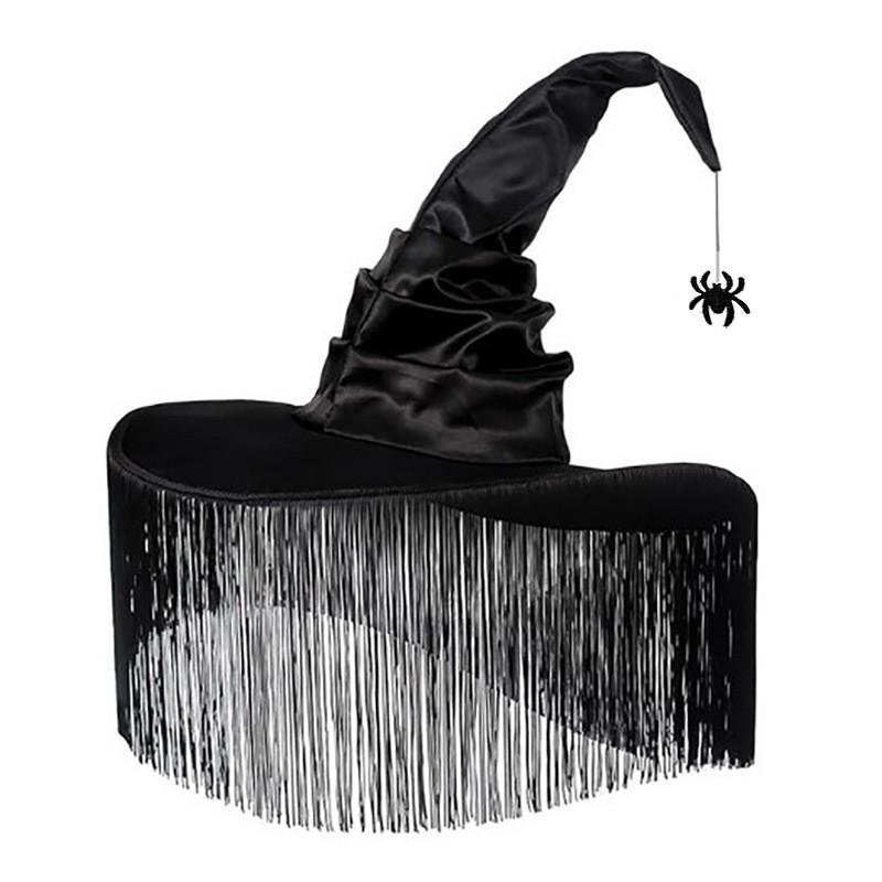 Halloween Witch Hat Black Purple Long Tassel Wide Brim Pointed Cap Costume Party