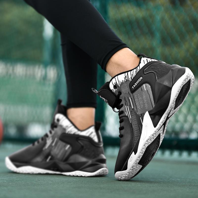 Youth outdoor leather surface medium top wear-resistant sports shoes large size four-season lace-up student basketball shoes