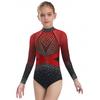 Girls Color Block Ballet Leotard Long Sleeve with Shiny Rhinestones Gymnastics Dance Outfit One Piece