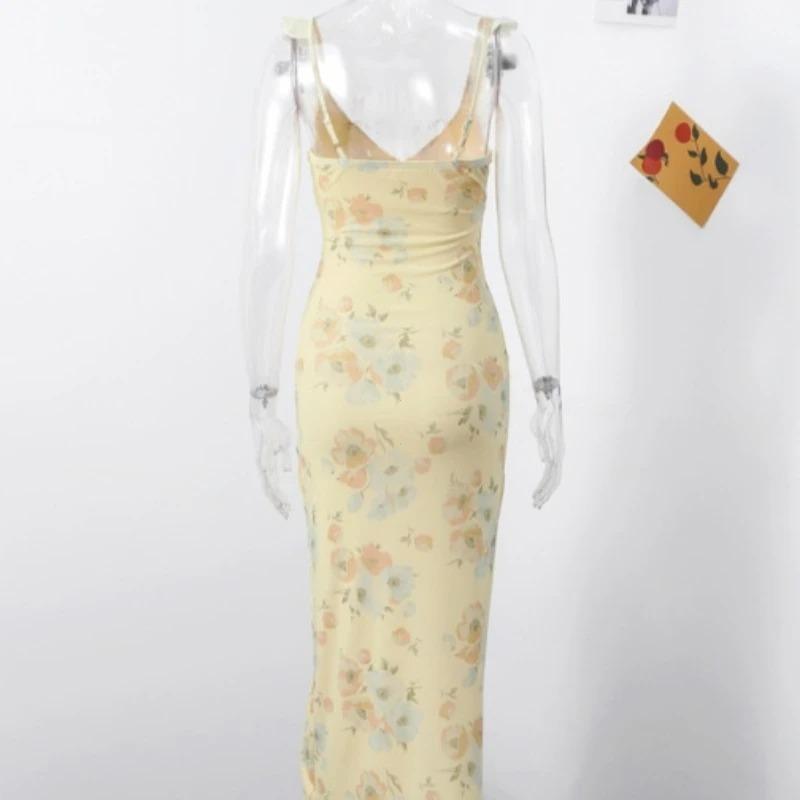 Summer Flower Printed Women's Sexy Low Cut Dress Sleeveless Backless Slim Sling Dresses Beach Vacation Lady Vestidos