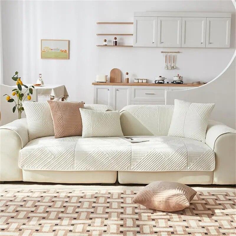 Universal Non-slip Solid Color Sectional Sofa Cover  Warm Short Plush Quilted Sofa Towel For Living Room Modern Couch Slipcover